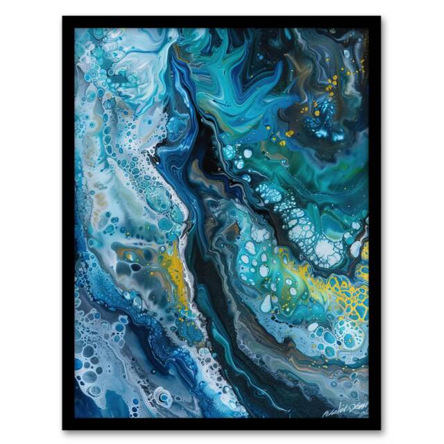 Liquid Paint Teal Yellow Abstract Living Room Black Framed Wall Art Print A4