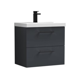 Balterley Wall Hung Bathroom 2 Drawer Vanity Unit and 1 Tap Hole Ceramic Basin, with Handles Grey Soft Black