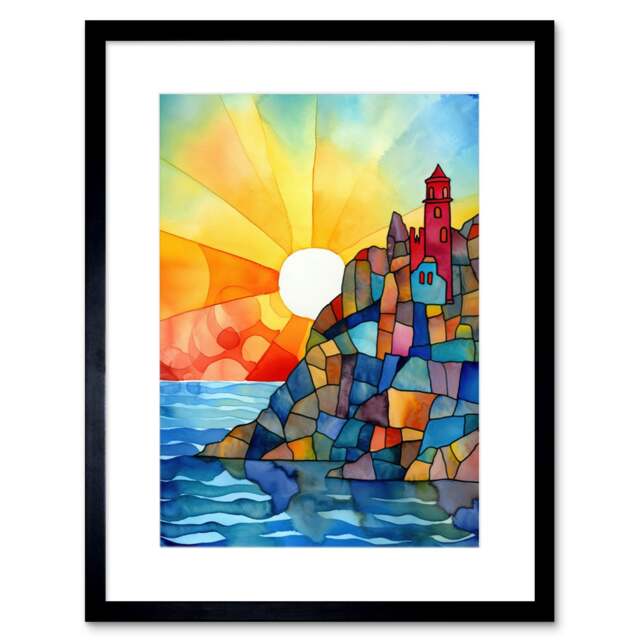 "Sunset Coastal Cliffs Lighthouse Folk Art 9x7"" Black Framed Wall Art Print"