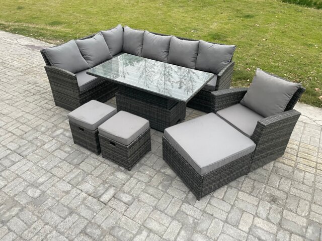Fimous Outdoor Garden Furniture Set Wicker PE Rattan Height Adjustable Rising Lifting Table Sofa Dining Set with 3 Footstools Armchair Dark Grey Mixed