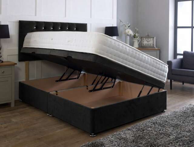 Side Lift 3ft Single Black Plush Ottoman Bed With Headboard and Mattress