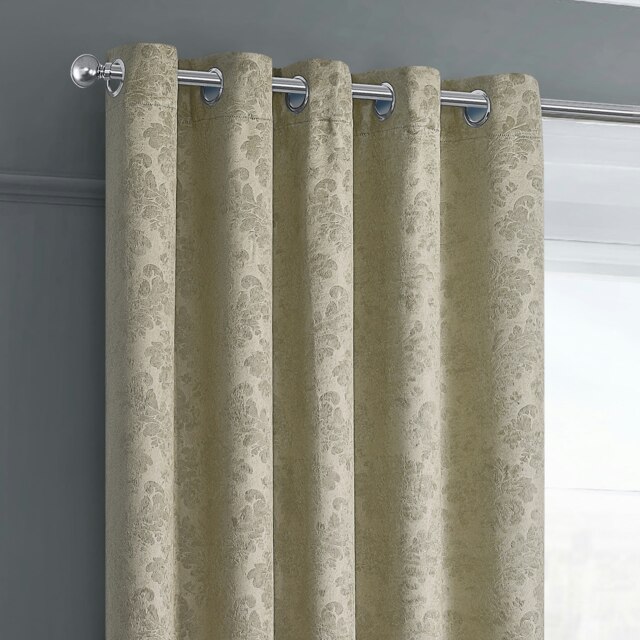 Velosso Damask Thermal Dimout Ready Made Eyelet Curtains - 117cm x 137cm Cream Natural