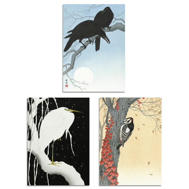 Set of 3 Ohara Koson Birds Japanese Nature Beige Blue A3 Wall Art Prints Multi