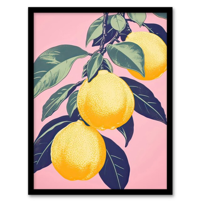 Lemon Tree Branch Pastel Colour Mauve Pink Black Framed Wall Art Print A4