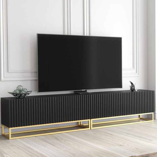 TV Stand TV Unit Modular Media Cabinet Storage Cabinet Black Fluted Gold Legs 200cm