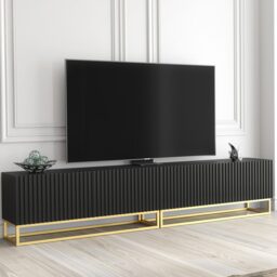 TV Stand TV Unit Modular Media Cabinet Storage Cabinet Black Fluted Gold Legs 200cm
