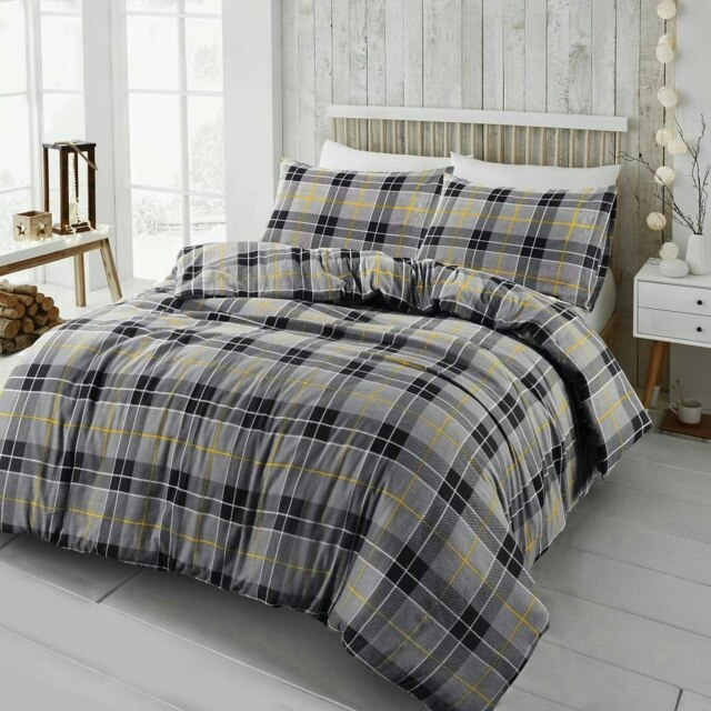 Tartan Check Brushed Cotton Duvet Cover Set - Single - Grey