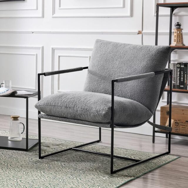 Boucle Fabric Lounge Chair with Metal Frame Upholstered Accent chair Luca Grey
