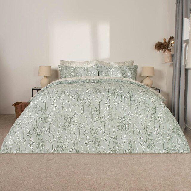 OHS Willow Print Reversible Duvet Cover and Pillowcase Set, Super King - Sage Green
