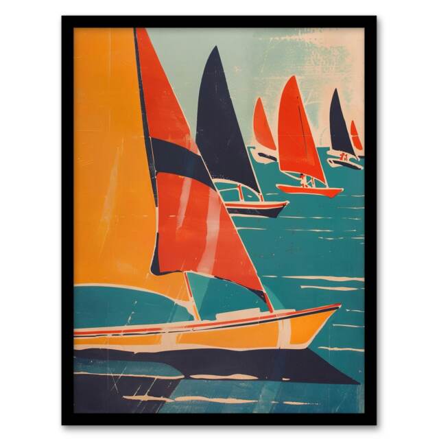 Retro Sailboats At Sea Nautical Fun Bathroom Black Framed Wall Art Print A4