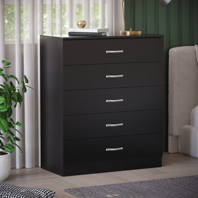 Vida Designs Riano 5 Drawer Chest of Drawers Bedroom Storage, Black