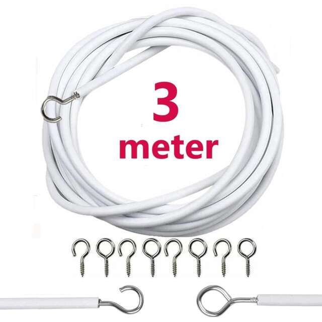 3 Meter White Net Curtain Wire Hanging Kit with 6 Hooks and 6 Eyes Flexible Durable Tension Cable for Voiles and Wardrobe Doors