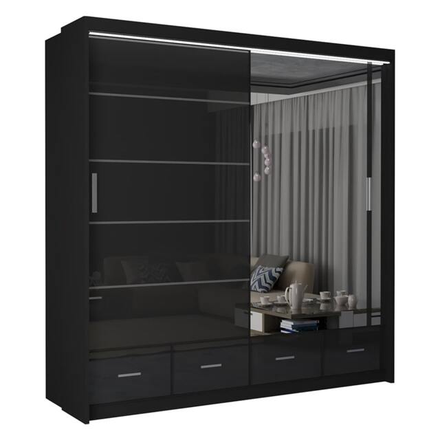 Sliding Wardrobes 4U Sleek High Gloss Mirror Sliding Wardrobe with LED and Drawers - 203cm and 255cm Black Black 203cm