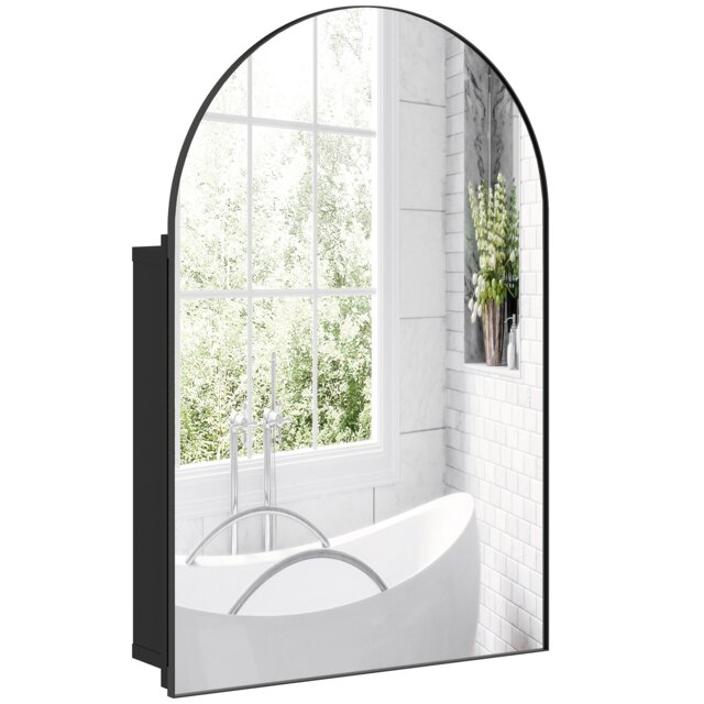 HOMCOM Bathroom Mirror Cabinet with Mirror Arched Wall Cabinet Black Black Black 50 x 12 x 76 cm