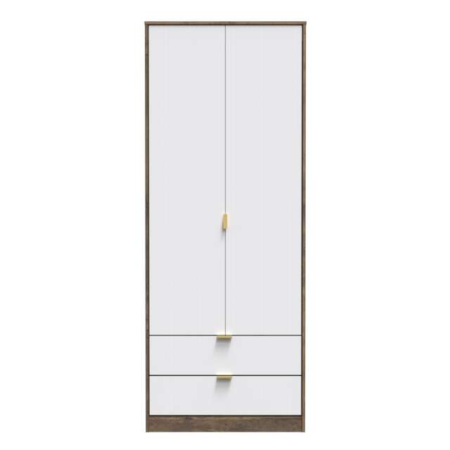 Bexley Tall 2 Drawer Double Wardrobe in White Matt & Vintage Oak (Ready Assembled) White White Matt & Vintage Oak