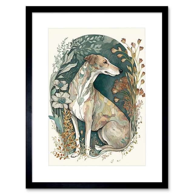 "Greyhound Dog Flower Pastel Boho Watercolour 9x7"" Black Framed Wall Art Print"
