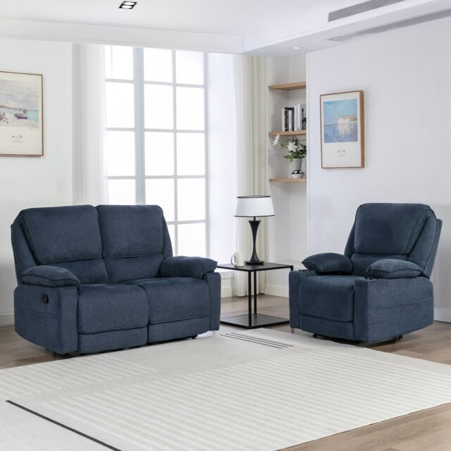 Sydney 1+2 Seater Fabric Manual Recliner Sofa Set (Blue) Blue Blue Three Seater