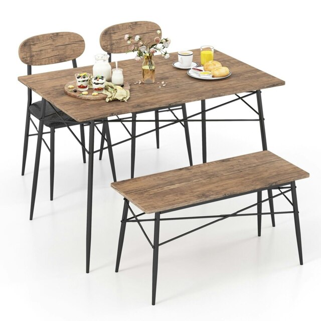 COSTWAY 4 Pcs Dining Table Set Kitchen Table w/ Bench Brown 4
