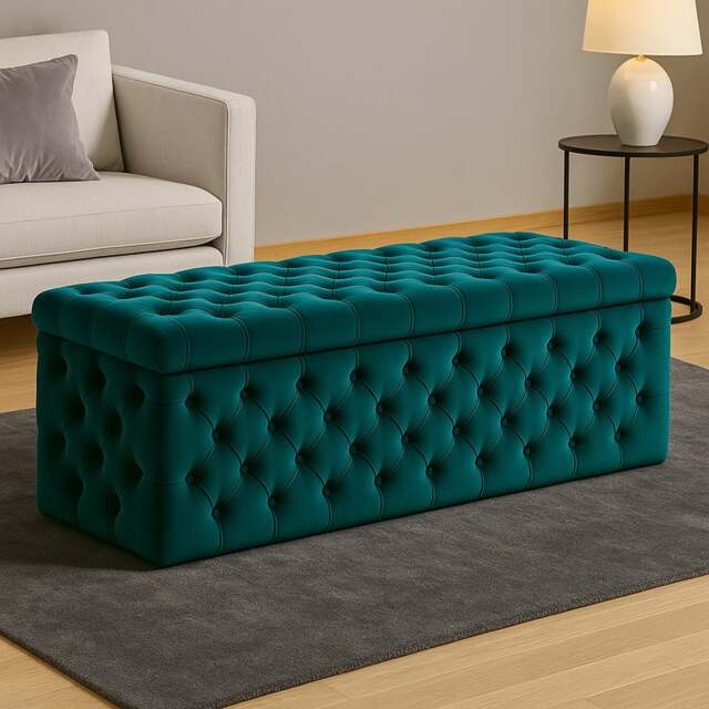 120cm Wide Lux Ottoman Storage Box, Emerald Green Velvet Upholstered Chesterfield Storage Ottoman Box