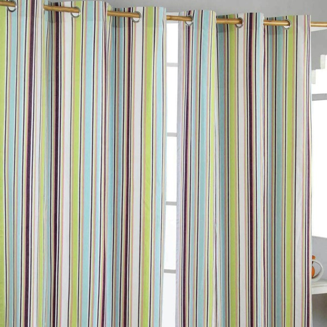 Homescapes Osaka Green Stripes Ready Made Eyelet Curtain Pair - 137 x 182 cm Drop Green Green