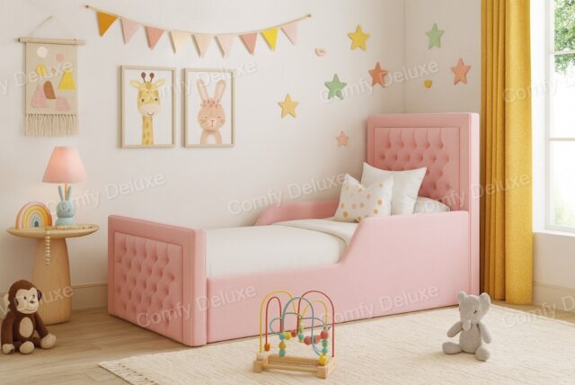Kids 3ft Pink Plush Studded Bed Frame