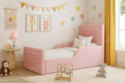 Kids 3ft Pink Plush Studded Bed Frame