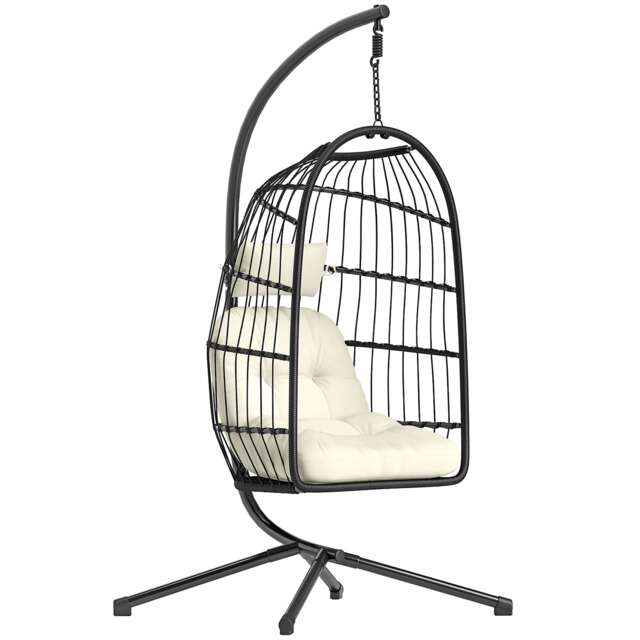 Outsunny Hanging Egg Chair, Outdoor Swing Chair with Stand, Black/Cream Black Black/Cream White One Size