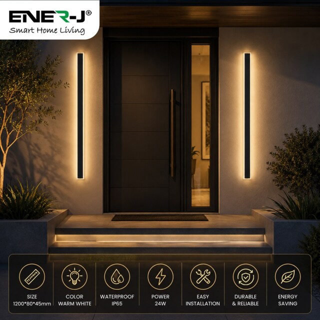 Ener-J 120cm LED Outdoor Wall Light IP65 Waterproof Warm White Black Modern Exterior Light Bar 24W