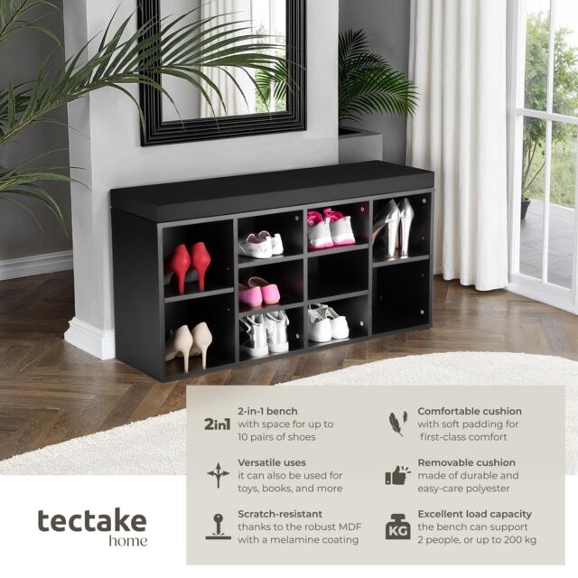 Shoe Rack - storage cabinet for 10 pairs of shoes, bench with seat cushion, 103.5 x 48 x 30 cm Black black 103,50 x 30 x 48 cm 1