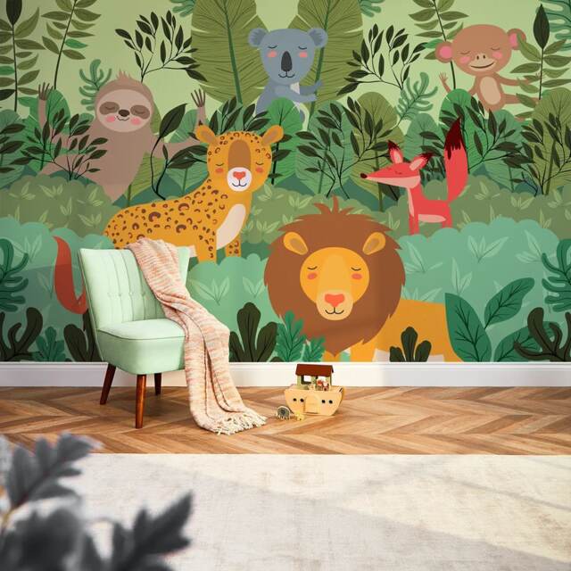 Rumble in the Jungle Full Wall Mural in Multicoloured Green The Jungle Mural In Multicoloured Extra Large (350cm x 240cm)