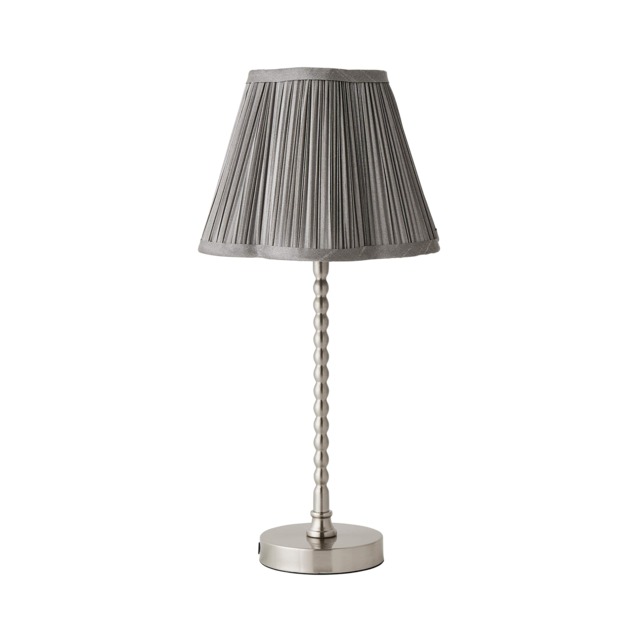 ValueLights Maeve Dark Grey Pleat Faux Silk Scallop Shade Chrome Bobbin Table Lamp and Bulb