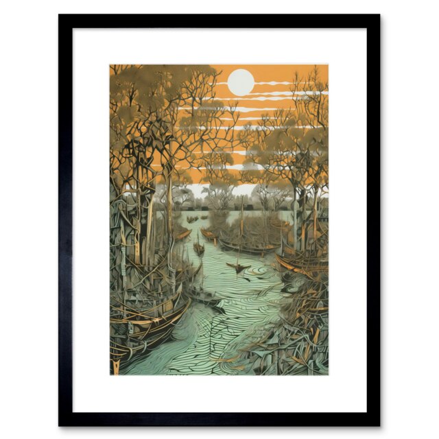 "Mangrove Forest Swamp Landscape Style 9x7"" Black Framed Wall Art Print"