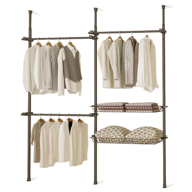 House of Home Telescopic Wardrobe Organiser Double Black Rail Clothes Rack Baskets Storage Black Not provided