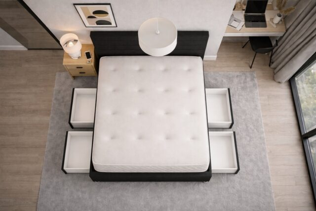 Divan Bed Set Headboard and Footboard with Mattress 2ft6 Small Single Black Suede Storage 2 Drawers Right Side Laying in Bed