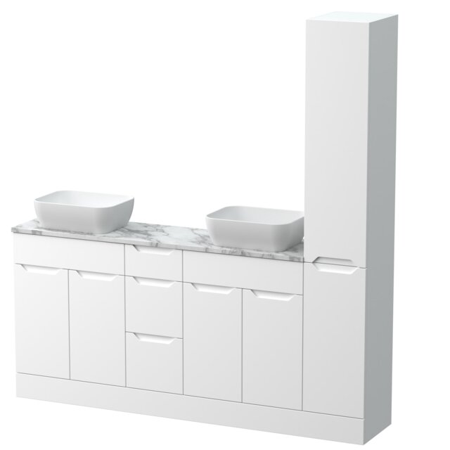Balterley Teddesley Floor Standing 4 Door 3 Drawer Vanity Combination Unit with Tall Unit, Laminate Worktop and Countertop Vessel, 1800mm, Matt White