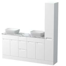 Balterley Teddesley Floor Standing 4 Door 3 Drawer Vanity Combination Unit with Tall Unit, Laminate Worktop and Countertop Vessel, 1800mm, Matt White