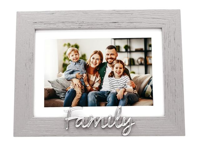 Grey Woodgrain Effect Family Picture Frame with Silver Letters - 6x4 Inch or 7x5 Inch Grey