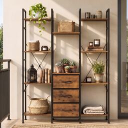 Levede Book Shelves 10 Open 3 Fabric Drawers Tall Storage Unit for Office Brown