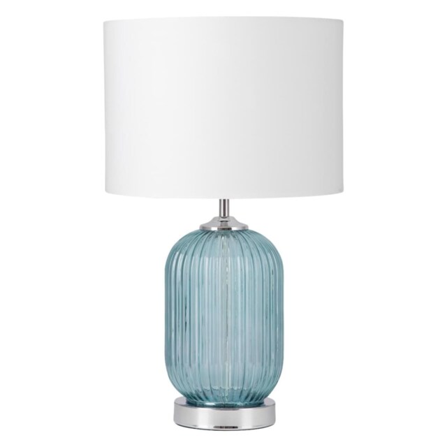 Turquoise Ribbed Glass Lamp with White Shade Chrome White Large 1
