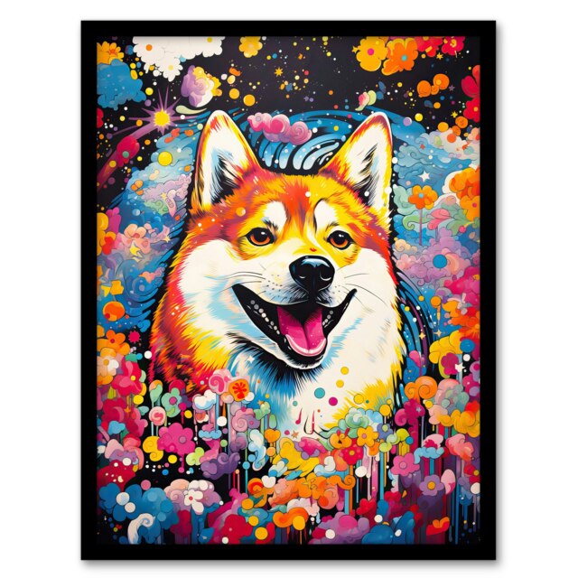 Dog Shiba Inu Pet Portrait Colourful Home Decor Black Framed Wall Art Print A4
