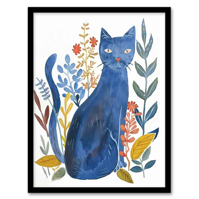 Russian Blue Cat with Ornate Plants Watercolour Black Framed Wall Art Print A4