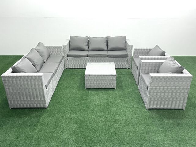 Fimous Outdoor Rattan Sofa Garden Furniture Set with 2 Armchairs Square Coffee Table Light Grey Mixed