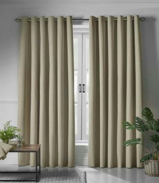 Linen Look Blackout Ring Top Eyelet Curtains - 110cm x 137cm - Beige