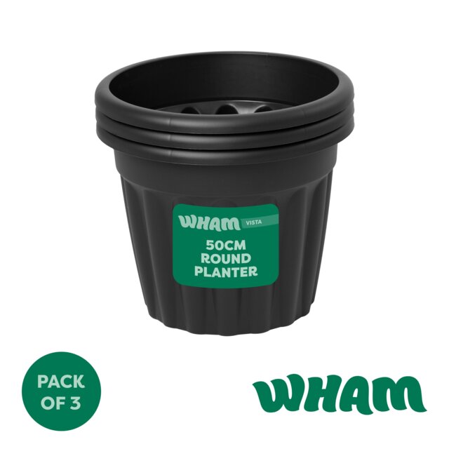 Wham Vista 3 x 50cm Round Plastic Garden Planters Black Slate/Black
