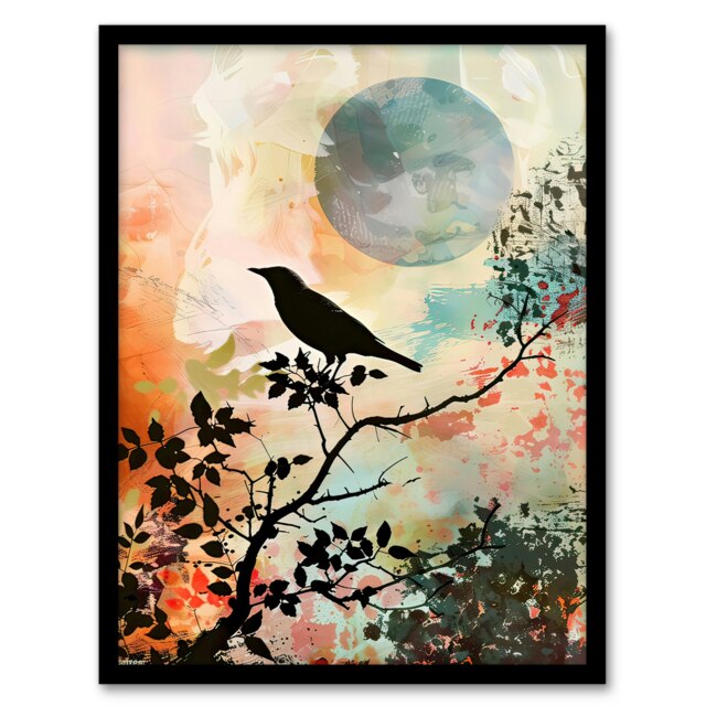 Bird Tree Sunset Calm Peaceful Nature Living Room Black Framed Wall Art Print A4