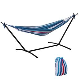 Outsunny 298 x 117cm Hammock with Metal Stand Carrying Bag 120kg Blue Stripe Multi
