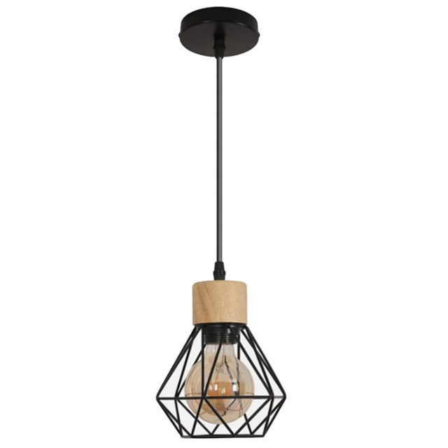 Pendant Light 1 way Modern Industrial with Metal Cage & Wood Detail