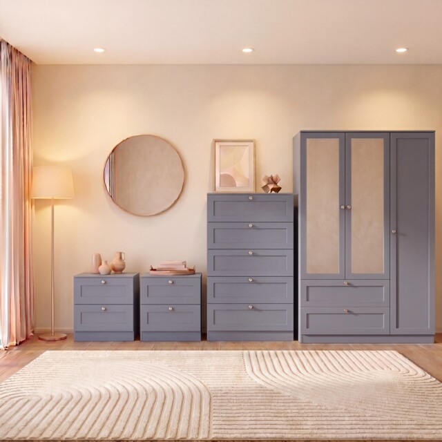Vida Designs Altino 4 Piece Bedroom Set (2x 2 Drawer Bedside, 5 Drawer Chest, 3 Door 2 Drawer Mirrored Wardrobe), Grey
