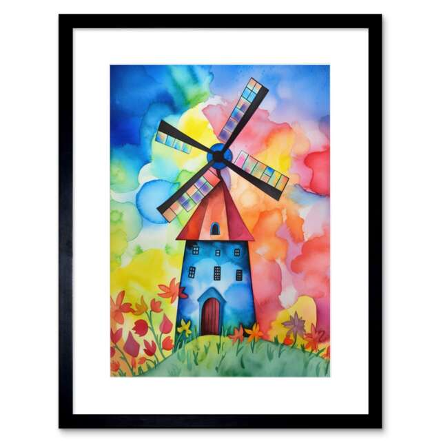 "Watercolour Windmill Netherlands Folk Art 9x7"" Black Framed Wall Art Print"