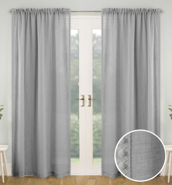 Pair of Tahiti Grey Pom-Pom Trim Linen Look Voile Panels with Rod Pocket Header 122 CMS